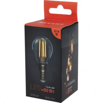 Лампа филаментная REXANT ШАРИК GL45 7,5Вт 600Лм 2700K E14 прозрачная колба Лампа филаментная REXANT ШАРИК GL45 7,5Вт 600Лм 2700K E14 прозрачная колба